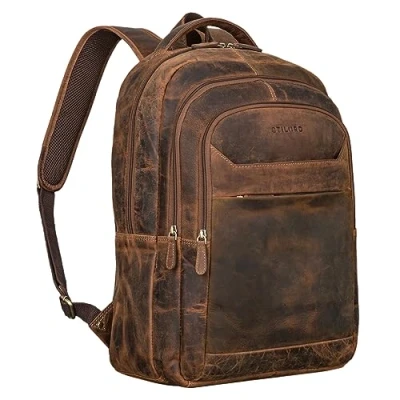 Image of STILORD &#039;Keno&#039; Leather Backpack with Laptop Compartment 15,6 Inch Business Men and Women Office Bag Leather, Colour:Calais Brown