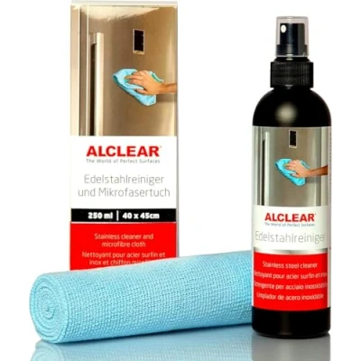 Image of ALCLEAR 721ER Professional Stainless Steel Cleaner 250 ml and Microfibre Cloth, Removes Grease, Dirt Fingerprints No Streaks