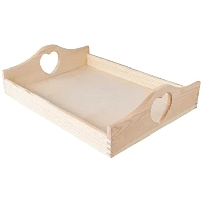 Image of Creative Deco Large Wooden Serving Tray for Breakfast 40x30x10.5cm Rectangular &amp; Unpainted with Heart Handles Bed Coffee Tea Drinks Food Platter Kitchen Bedroom Table