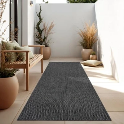 Image of Paco Home Indoor &amp; Outdoor Rug Kitchen Monochrome Mottled Pattern, Size:80x250 cm, Colour:Anthracite
