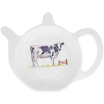 Image of Country Life Farm Cow Pattern Teapot Shape Tea Bag Tidy Holder Kitchen Hygiene Melamine 13x10x2cm