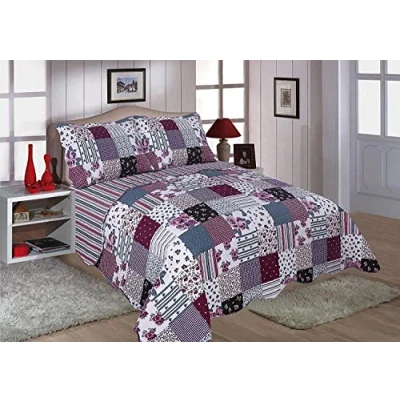 Image of bentley priory Patchwork Bedspreads Quilted King Size Double Single Bedspread Blue and White bed Throw with stripes checks or Maroon coverlet flower (Maroon Freya, Single)