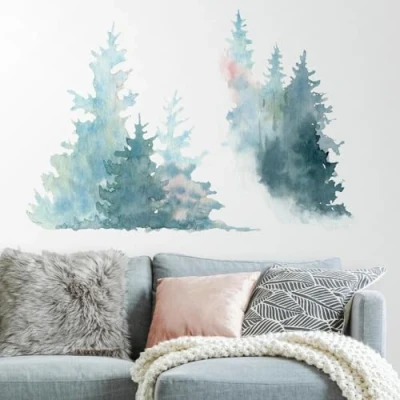 Image of RoomMates RMK3851GM Watercolor Pine Tree Peel and Stick Giant Wall Decals, Blue, Pink
