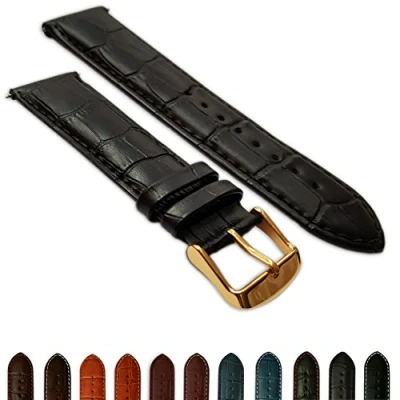 Image of 24mm Black Genuine Leather Mock Croc Watch Strap Band Mens Crocodile Padded Gold Buckle
