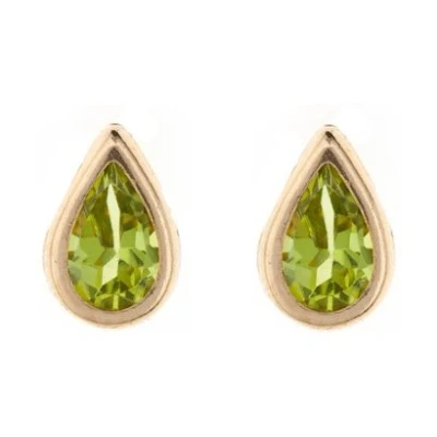Image of 9ct gold August (peridot) birthstone rubover stud earrings. Gift box