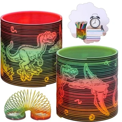 Image of 2PCs Dinosaur Magic Springs Red and Green Coil Toys for Kids 3+Y Stretchy Bouncing Fidget Party Bag Fillers Size: 6.5CM