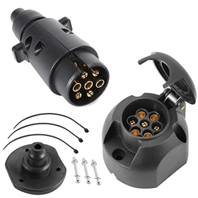 Image of SPARKMOTO 7 Pin Trailer plug and 7pin socket,12V Towing socket With Install Fittings,Trailer Wiring Connector for Caravan RV Car Vans (Rubber Cap)