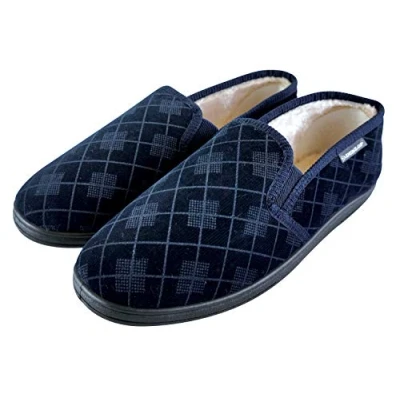 Image of Dunlop Mens Plush Fur Lined Memory Foam Plaid Checked Moccasin Slippers with Hard Sole (10 UK, Navy)