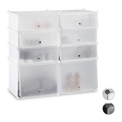 Image of Relaxdays Plastic Shoe Cabinet, 8 Compartment Rack, Modular Shelf, H x W D: 91 94.5 36.5 cm, White
