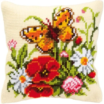 Image of Vervaco Butterfly and Flowers Cross Stitch Cushion, Multi Colour
