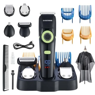Image of BarberBoss Men Hair Clippers, Beard Trimmer, Ear and Nose Hair, Grooming Kit for Men, Precision Dial, Ceramic Blade, 4 Comb Attachments, Waterproof, LED Display, QR 6085