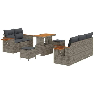 Image of vidaXL 8 Piece Garden Sofa Set with Cushions Grey Poly Rattan Acacia