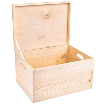 Image of Creative Deco XXL Large Plain Wooden Storage Box Chest 40x30x24 (+/ 1 cm) Hinged Lid &amp; Handles Unpainted Gift for Christmas Xmas UNSANDED Wood Keepsake Memory Craft