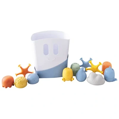 Image of Ubbi Bath Time Essential Gift Set, Includes Drying Bin and 12 Water Toys for Toddler Play, Baby Accessory, Muted Blue