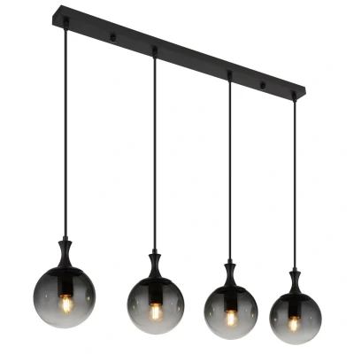 Image of Dalton Bar Pendant Ceiling Light Matt Black Balls Smoke Glass Shade 4x E27