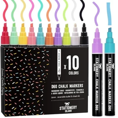 Image of STATIONERY ISLAND Chalk Pens for Blackboards, Pack Of 10 Macarone Colors, Chalkboard Window and Glass, Wipeable Liquid Washable (8 Colors &amp; 1 White Black)