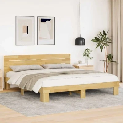 Image of vidaXL Double Bed Frame with Headboard Solid Oak Wood, Slatted Base, Extra Storage, Brown, 180x200 cm