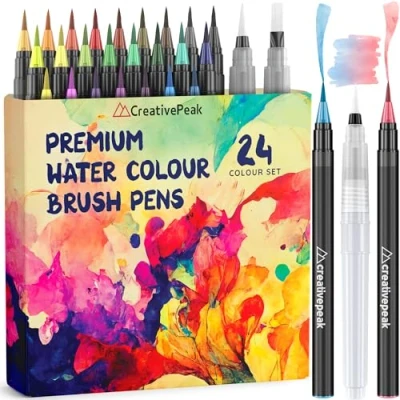 Image of Creativepeak Watercolour Brush Pens, 24 Vibrant Soft Tip Colouring Markers w/ 2 Blending Brushes, Pen Set for Calligraphy, Lettering, &amp; Journaling, Premium Art Supplies