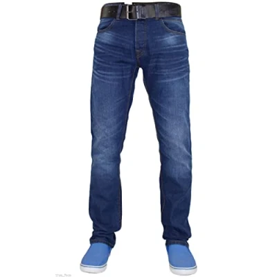 Image of Crosshatch Men Denim Jeans Classic Slim Fit Straight Leg Bottom Zip Fly Trousers with Pockets Light Grey 42L