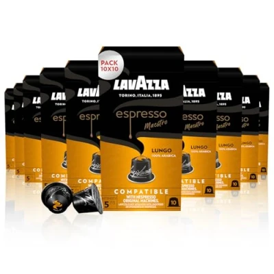 Image of Lavazza, Espresso Maestro Lungo, 100 Aluminium Capsules Compatible with Nespresso Original Machines, Fruit &amp; Flowers Notes, 100% Arabica, Intensity 5/13, Light Slow Drum Roasting, Zero CO2 Impact