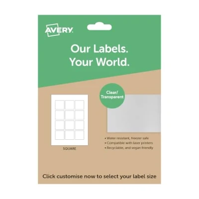 Image of Avery Clear/Transparent,Square Paper, A4 Sheet of Labels, Custom Stickers, Personalised Sticky Labels for Printing, Product Candle