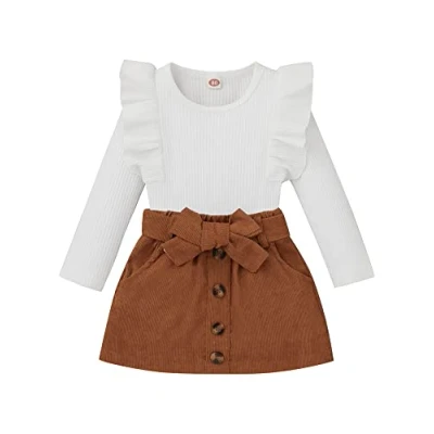 Image of N /D Toddler Baby Girl Outfit Long Sleeve Knitted Ribbed Tops + Bowknot Waistband Buttons Skirt 2pcs Winter Spring Clothes Set (C#White, 3 4T)