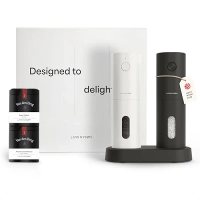 Image of LARS NYSØM Electric Spice Mills &amp; Spices Gift Set Salt and Pepper with 2 high Quality Jars (Salt, Pepper) Beautiful Box (Black/White)
