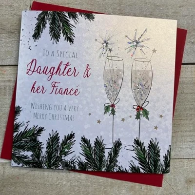 Image of WHITE COTTON CARDS DAUGHTER &amp; HER FIANCE FLUTES WITH SPARKLERS CHRISTMAS CARD, HAND FINISHED (C23 96), 16cm x