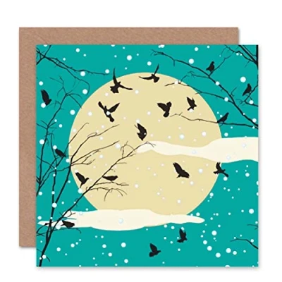Image of Wee Blue Coo WINTER TREE WITH CROWS AGAINST MOON SNOW BLANK GREETINGS BIRTHDAY CARD ART