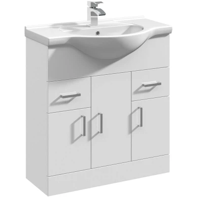Image of Mayford Floor Standing 3 Door and 2 Drawer Vanity Unit with Round Basin 750mm Wide White Nuie