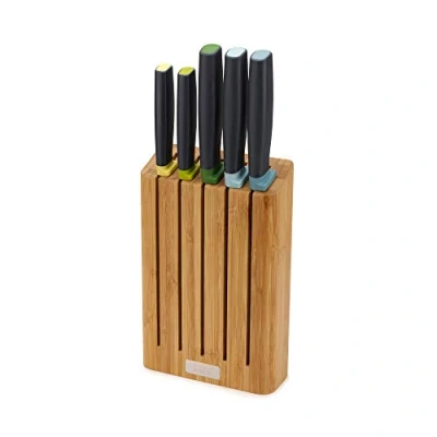 Image of Joseph Elevate 5 Piece Japanese Stainless Steel Kitchen Knife Set with Slimline Bamboo Block, Multicolour