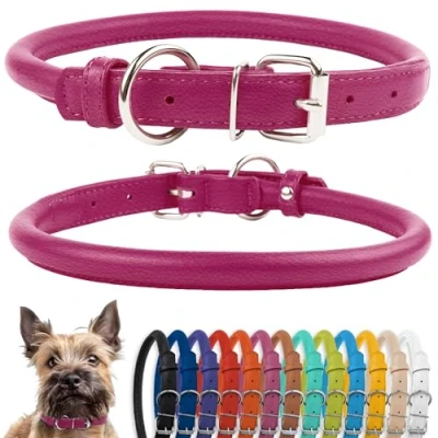 Image of CollarDirect Rolled Leather Dog Collar, Soft Padded Round Puppy Handmade Genuine Collar Small Large Cat Collars Black Pink Red Purple Blue (Fits 7&quot; 9&quot; Neck, Pink)