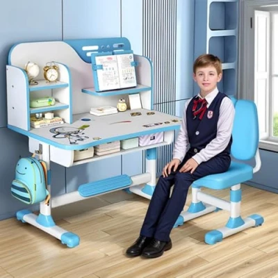 Image of iondelce Kids Functional Desk Chair Set,Adjustable Height Study Set with Castle Backboard, Widened Desktop, Bookstand and Storage Drawer Perfect Learning Gift (Blue B)
