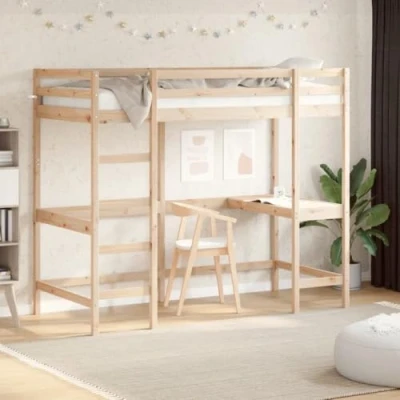 Image of vidaXL Solid Pine Wood Loft Bed with Spacious Desk Brown 90x190 cm Single Frame Kids Bedroom Furniture Space Saver