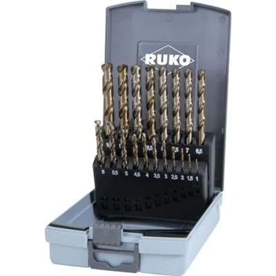Image of RUKO HSSE Co 5 Twist Drill Bit Set in Plastic Case, DIN 338, Type VA, Gold Finish, 19 Pieces, R215214RO
