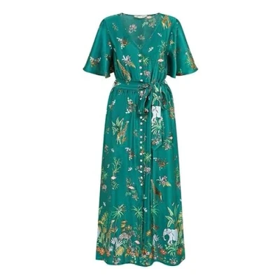 Image of Yumi Womens Green Satin Animal Safari Print Midi Shirt Dress Size 8 UK