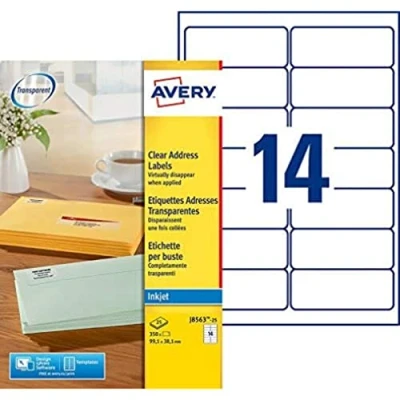 Image of AVERY J8563 25 350 Transparent Adhesive Delivery Labels Customisable 99.1 x 38.1 mm. Printing: inkjet