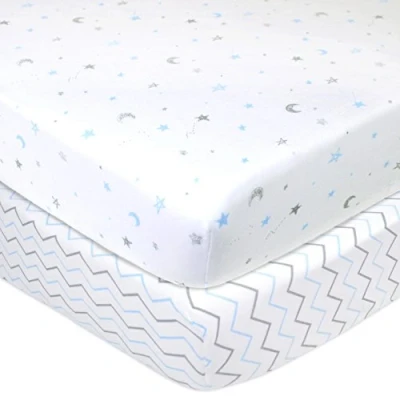 Image of American Baby Company 2 Pack Fitted Crib Sheets 28&quot; x 52&quot;, Soft Breathable Neutral 100% Cotton Jersey Sheet, Blue Stars/Zigzag, for Boys and Girls, Fits Toddler Bed mattresses