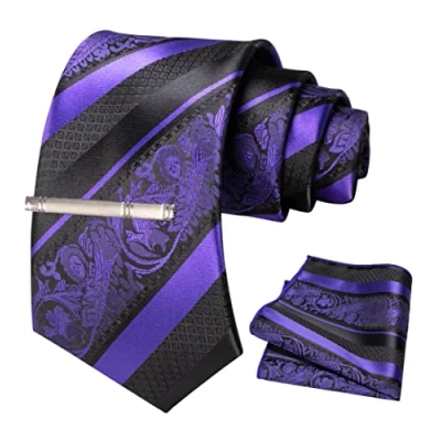 Image of JEMYGINS Mens Mixed Roses Striped Tie Set Including Clip &amp; Handkerchief, purple, M