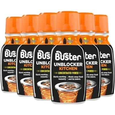 Image of Buster Kitchen Plughole Unblocker, 200g, Pack of 6, Drains &amp; Sinks Blasts Fat Food Debris Fast Acting Unclogger, Clears Blockages Slow Draining Water