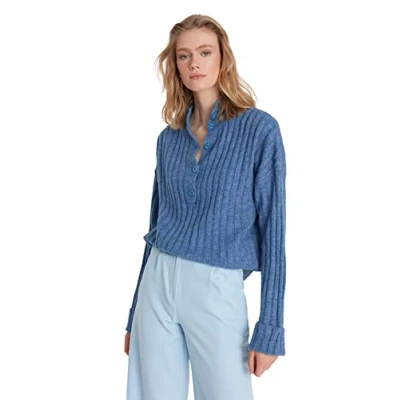 Image of Trendyol Women Regular Basic Carmen Collar Knitwear Sweater Indigo