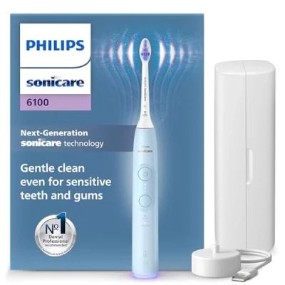 Image of Philips Sonicare 6100 Electric Toothbrush, Sonic Toothbrush with 2 Brushing Modes and 3 Intensity Levels, Pressure Alert, EasyStart, SmarTimer BrushPacer, Light Blue, Model HX7406/02