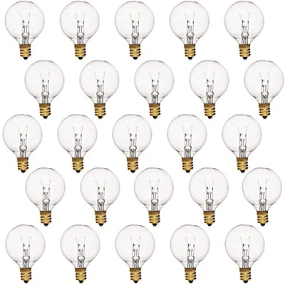 Image of 25 Pack G40 Incandescent Replacement Light Bulbs: 7 Watt Globe Bulbs for Outdoor Chritsmas String Lights, C7/E12 Candelabra Screw Base Salt Lamp Night Lights Bulbs, Indoor/Outdoor Use, Warm White