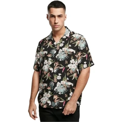 Image of Urban Classics AOP Resort Shirt, Men&#039;s, Size: 3XL, Blacktropical