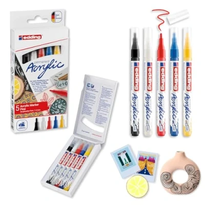 Image of edding 5300 acrylic marker fine multicolour set of 5 paint markers round nib 1 2mm pens for drawing on canvas, art paper, wood, pebbles and stone