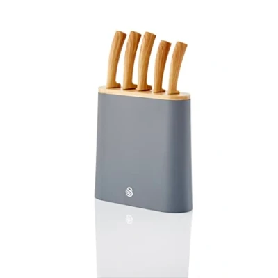 Image of Swan SWKB1060GRYN Nordic 5 Piece Knife Block, Bamboo Top and Handles, Stainless Steel, Fine Edge, Ergonomic Scandinavian Design, Knives Included, Slate Grey