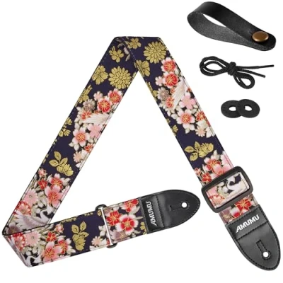 Image of Amumu Vintage Embroidery Guitar Strap, Peony Crane, 5