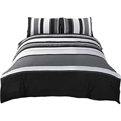 Image of Rapport Striped Quilt Duvet Cover and 2 Pillowcase Bed Set, Cotton Polyester, Grey, Double