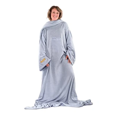 Image of Snug Rug Lilac Grey DELUXE Blanket With Sleeves GENUINE SnugRug Sleeved Blankets 260gsm Luxury Cosy Super Soft Coral Fleece Fabric Long Oversized &amp; Pouch Pocket Adults Size