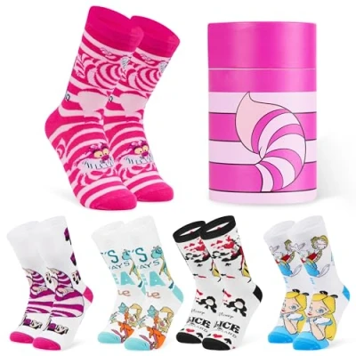 Image of Disney Womens Novelty Calf Socks, Soft Breathable Ankle Socks Pack of 5 Gifts for Women (Pink Alice in Wonderland)